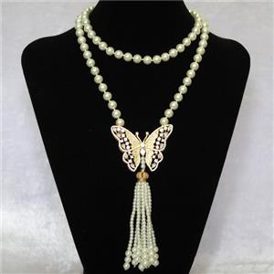 white Pearlized Glass Necklace with copper butterfly pendant pave zircon, round, approx 8mm, 45-55mm, 74cm length [GMLB4315]