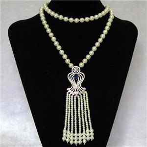 white Pearlized Glass Necklace with copper pendant pave zircon, round, approx 8mm, 28-50mm, 74cm length [GMLB4316]
