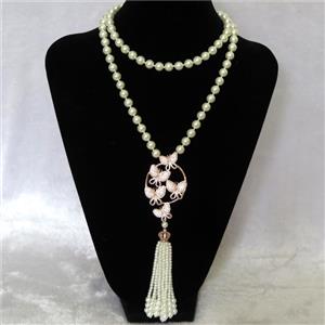 white Pearlized Glass Necklace with copper pendant pave zircon, round, approx 8mm, 38-65mm, 74cm length [GMLB4317]