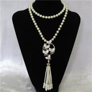 white Pearlized Glass Necklace with copper pendant pave zircon, round, approx 8mm, 38-65mm, 74cm length [GMLB4318]