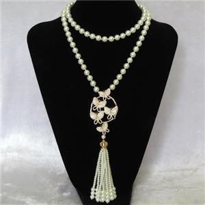 white Pearlized Glass Necklace with copper pendant pave zircon, round, approx 8mm, 38-65mm, 74cm length [GMLB4319]