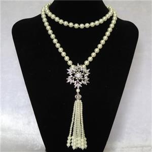 white Pearlized Glass Necklace with copper pendant pave zircon, round, approx 8mm, 40mm, 74cm length [GMLB4320]