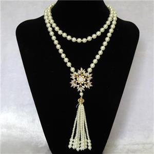 white Pearlized Glass Necklace with copper pendant pave zircon, round, approx 8mm, 40mm, 74cm length [GMLB4321]