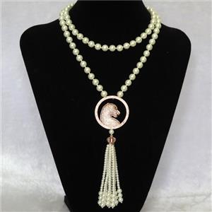 white Pearlized Glass Necklace with copper leopardhead pendant pave zircon, round, approx 8mm, 40mm, 74cm length [GMLB4322]