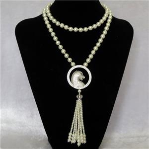 white Pearlized Glass Necklace with copper leopardhead pendant pave zircon, round, approx 8mm, 40mm, 74cm length [GMLB4323]