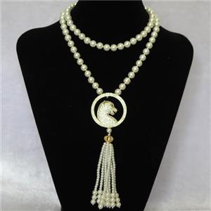 white Pearlized Glass Necklace with copper leopardhead pendant pave zircon, round, approx 8mm, 40mm, 74cm length [GMLB4324]