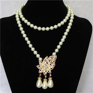 white Pearlized Glass Necklace with copper pendant pave zircon, round, approx 8mm, 35-50mm, 74cm length [GMLB4325]