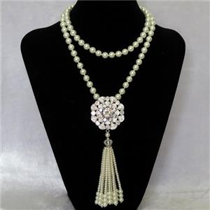 white Pearlized Glass Necklace with copper pendant pave zircon, round, approx 8mm, 42mm, 74cm length [GMLB4326]