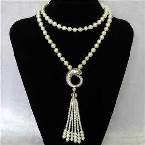 white Pearlized Glass Necklace with copper leopardhead pendant pave zircon, round, approx 8mm, 30-33mm, 74cm length [GMLB4327]