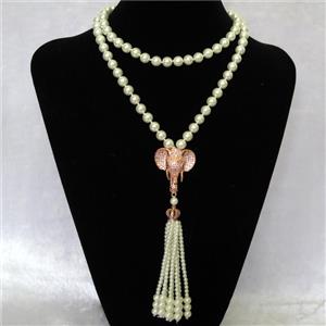 white Pearlized Glass Necklace with copper elephant pendant pave zircon, round, approx 8mm, 32-35mm, 74cm length [GMLB4328]