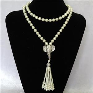 white Pearlized Glass Necklace with copper elephant pendant pave zircon, round, approx 8mm, 32-35mm, 74cm length [GMLB4329]