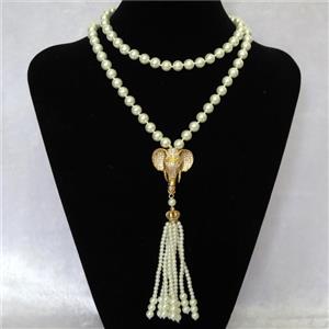 white Pearlized Glass Necklace with copper elephant pendant pave zircon, round, approx 8mm, 32-35mm, 74cm length [GMLB4330]