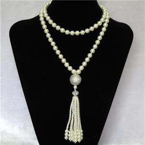 white Pearlized Glass Necklace with copper bead pave zircon, round, approx 8mm, 20mm, 74cm length [GMLB4331]