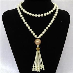 white Pearlized Glass Necklace with copper bead pave zircon, round, approx 6mm, 12mm, 16mm, 94cm length [GMLB4332]