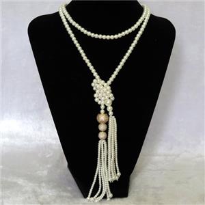 white Pearlized Glass Necklace with copper bead pave zircon, round, approx 6mm, 12mm, 16mm, 94cm length [GMLB4334]