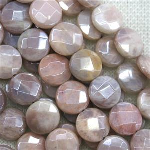 peach MoonStone beads, faceted flat-round, AB color plated, approx 12mm dia [GMLB4345-12MM]