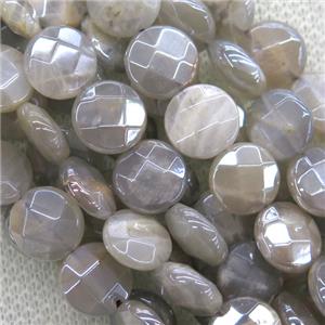gray MoonStone beads, faceted flat-round, AB color plated, approx 12mm dia [GMLB4348-12MM]