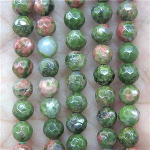 tiny Unakite beads, green, faceted round, approx 4mm dia [GMOT1122]