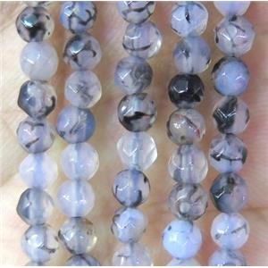Tiny dragon veins agate bead, faceted round, approx 4mm dia [GMOT886]