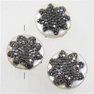 freshwater pearl beads paved rhinestone, coin round, approx 18mm dia [GMPD10056]