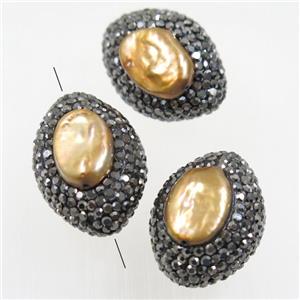golden freshwater pearl beads paved rhinestone, oval, approx 20-28mm [GMPD10070]