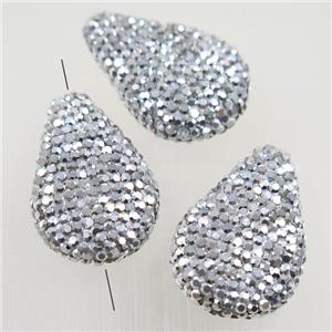 resin teardrop beads paved silver rhinestone, approx 15-22mm [GMPD10108-S]