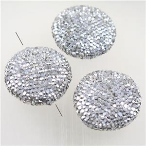 Resin beads paved silver rhinestone, flat round, approx 30mm dia [GMPD10127]
