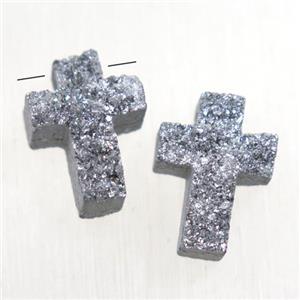silver Druzy Quartz cross pendant, approx 10-14mm [GMPDA10029]