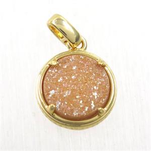 champagne Druzy Agate pendant, flat-round, gold plated, approx 12mm dia [GMPDA10088]