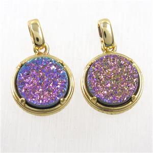 rainbow Druzy Agate pendant, flat-round, gold plated, approx 12mm dia [GMPDA10089]