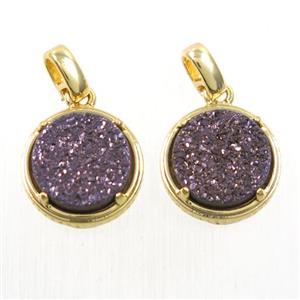 coffee Druzy Agate pendant, flat-round, gold plated, approx 12mm dia [GMPDA10090]