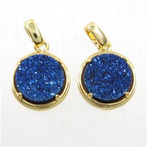 blue Druzy Agate pendant, flat-round, gold plated, approx 12mm dia [GMPDA10091]