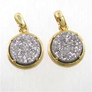 Silver Druzy Agate pendant, flat-round, gold plated, approx 12mm dia [GMPDA10092]