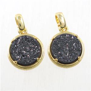 black Druzy Agate pendant, flat-round, gold plated, approx 12mm dia [GMPDA10093]
