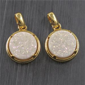 white AB-color Druzy Agate pendant, flat-round, gold plated, approx 12mm dia [GMPDA10094]