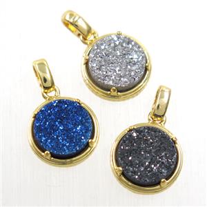mix Druzy Agate pendant, flat-round, gold plated, approx 12mm dia [GMPDA10095]