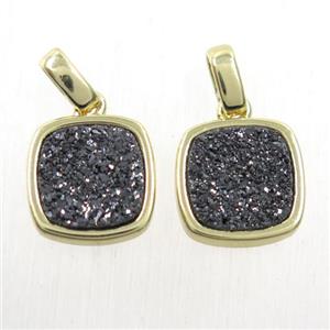 black Druzy Agate pendant, square, gold plated, approx 11x11mm [GMPDA10097]