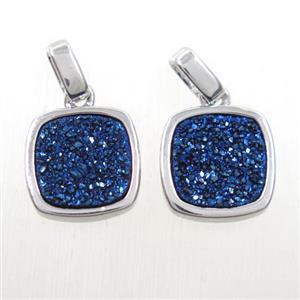 blue Druzy Agate pendant, square, platinum plated, approx 11x11mm [GMPDA10098]