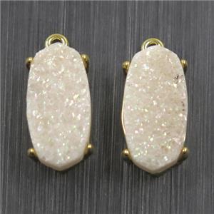 white AB-color Druzy Agate oval connector, gold plated, approx 7x14mm [GMPDA10123]
