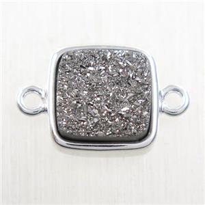 silver druzy quartz connector, square, platinum plated, approx 12x12mm [GMPDA10145]
