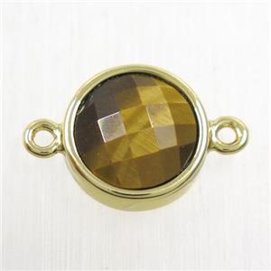 yellow Tiger eye stone circle connector, gold plated, approx 12mm dia [GMPDA10173]