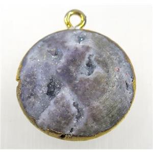natural Agate Druzy pendant, flat round, gold plated, approx 25mm dia [GMPDA10213]