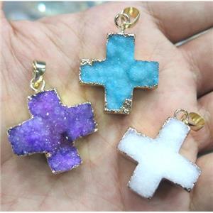 quartz Druzy Cross Pendant, mixed color, approx 25-30mm [GMPDA2760]