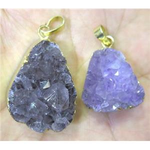 Amethyst druzy pendant, freeform, gold plated, approx 10-25mm [GMPDA2818]