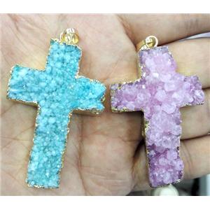 druzy quartz cross pendant, mixed color, gold plated, approx 34-50mm [GMPDA2832]