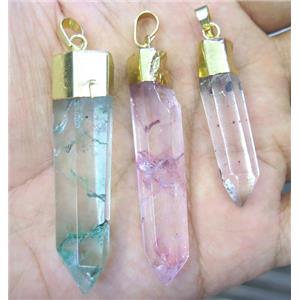clear quartz stick pendant, dyed, mixed color, gold plated, approx 25-50mm [GMPDA2835]