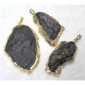 black tourmaline slice pendant, freeform, gold plated, approx 15-40mm [GMPDA2971-S]