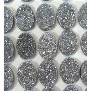 druzy agate cabochon, oval, silver electroplated, approx 10x14mm [GMPDA3020]