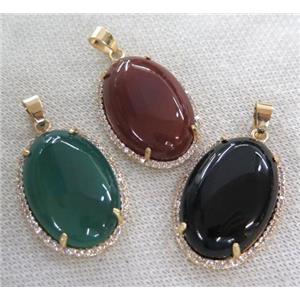 agate pendant with rhinestone, oval, mixed color, approx 20x30mm [GMPDA3031]
