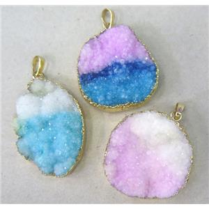 quartz druzy pendant, mixed color, freeform, gold plated, approx 20-45mm [GMPDA3037]